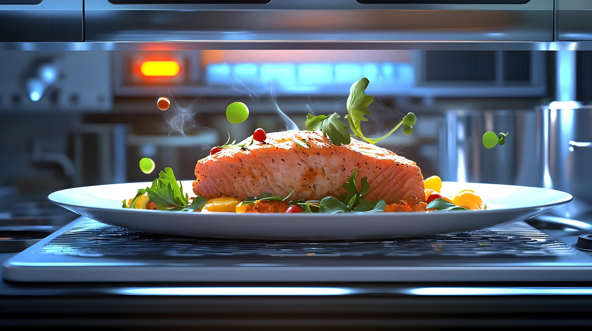 Layered ingredients and plated test dish in futuristic kitchen