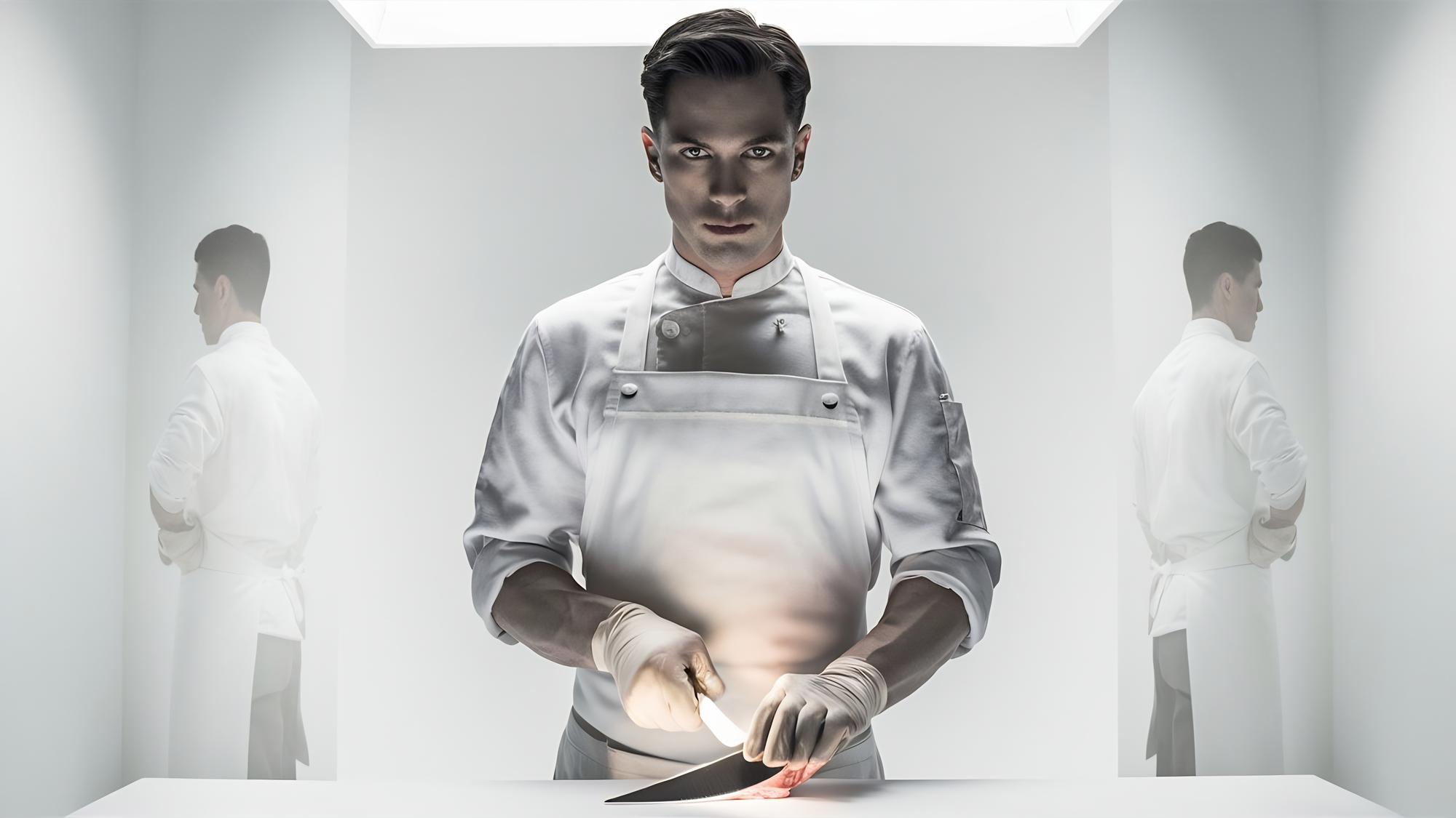 Instructor demonstrating knife skills in a modern kitchen
